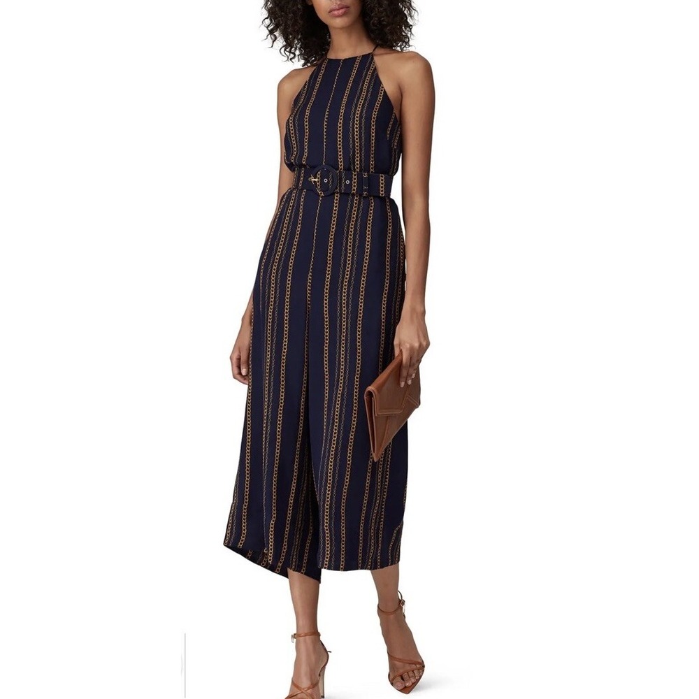 NICHOLAS US 2 Samira 100%‎ Silk Wide Leg Jumpsuit Navy Blue Gold Chain Old Money - Picture 3 of 16
